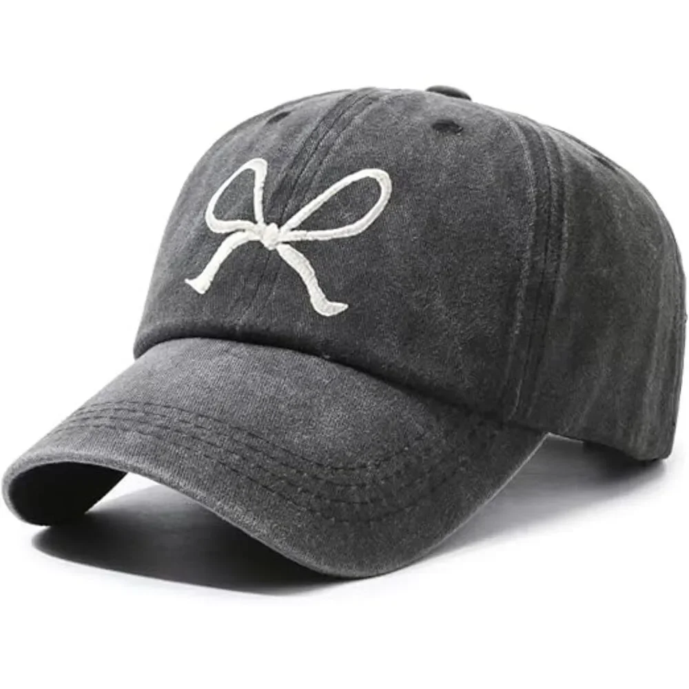 Unisex Black Washed Embroidered Bow Tie 100% Cotton Adjustable Fit Baseball Cap